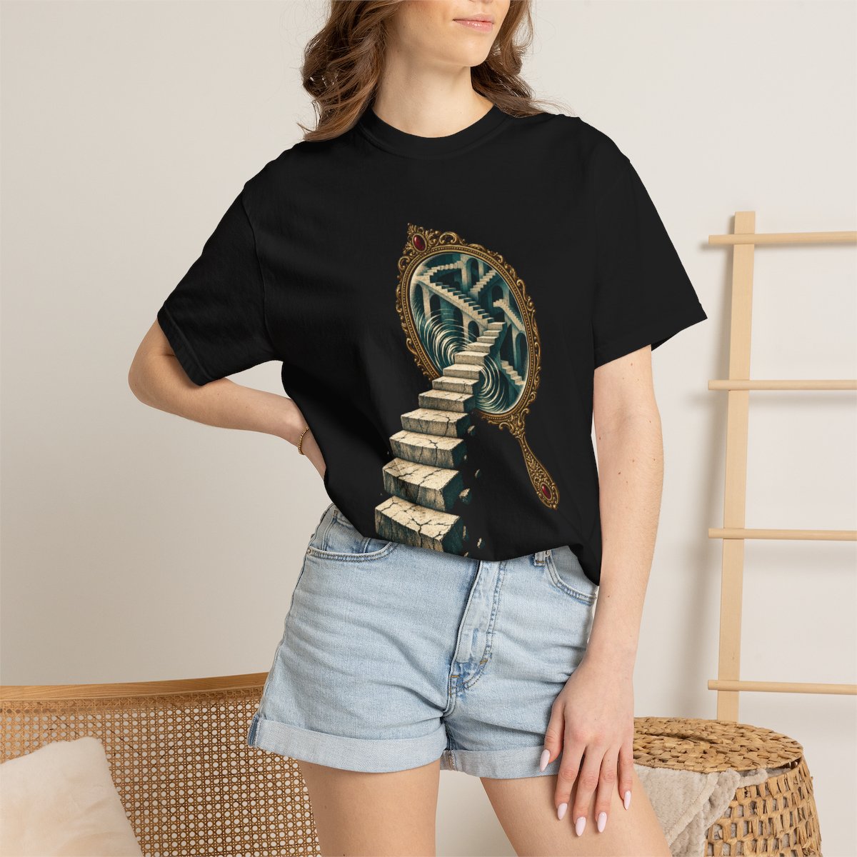 Mirror Staircase Tee worn Printify context view on a Black Comfort Colors 1717 tee