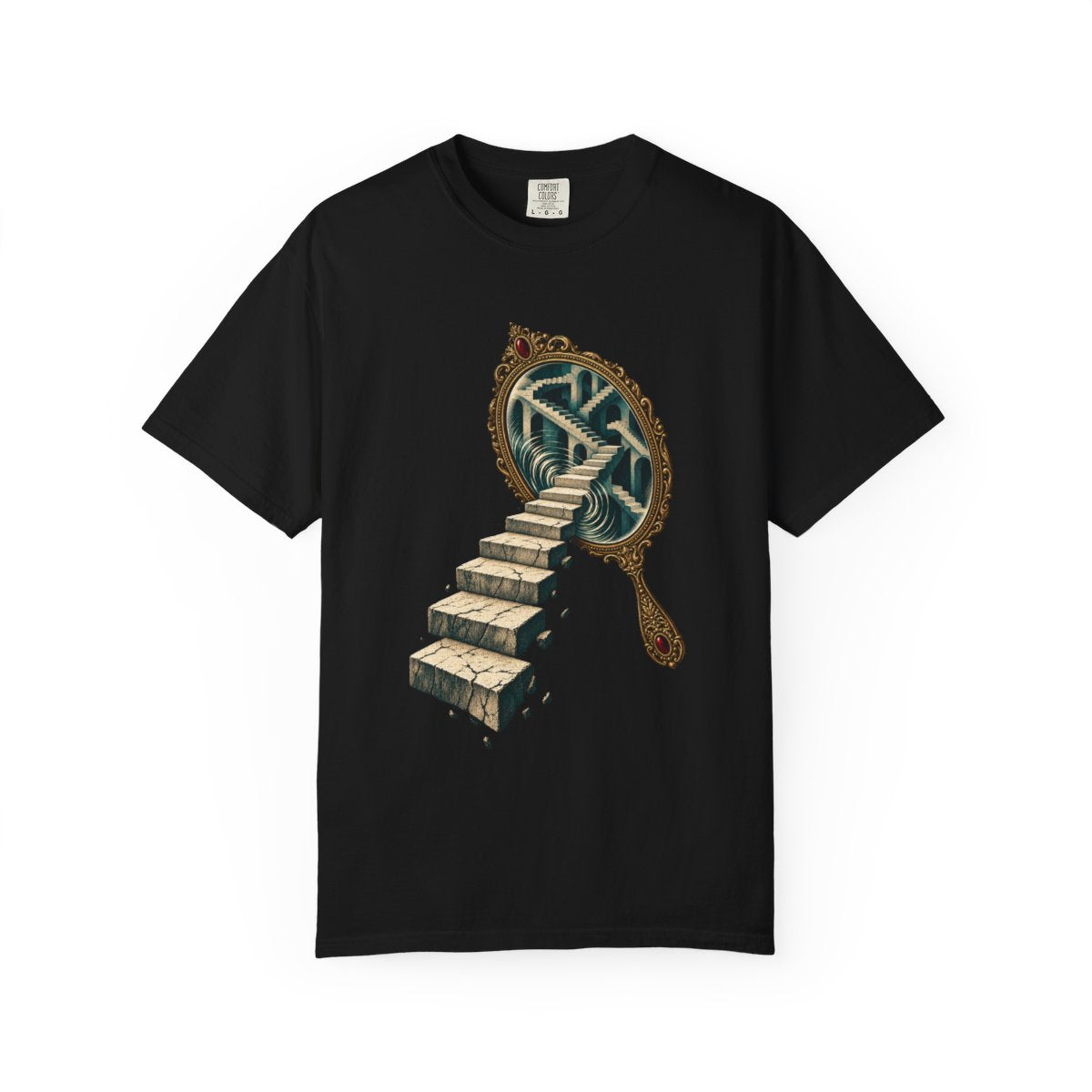 Mirror Staircase Tee large front print on a Black Comfort Colors 1717 tee