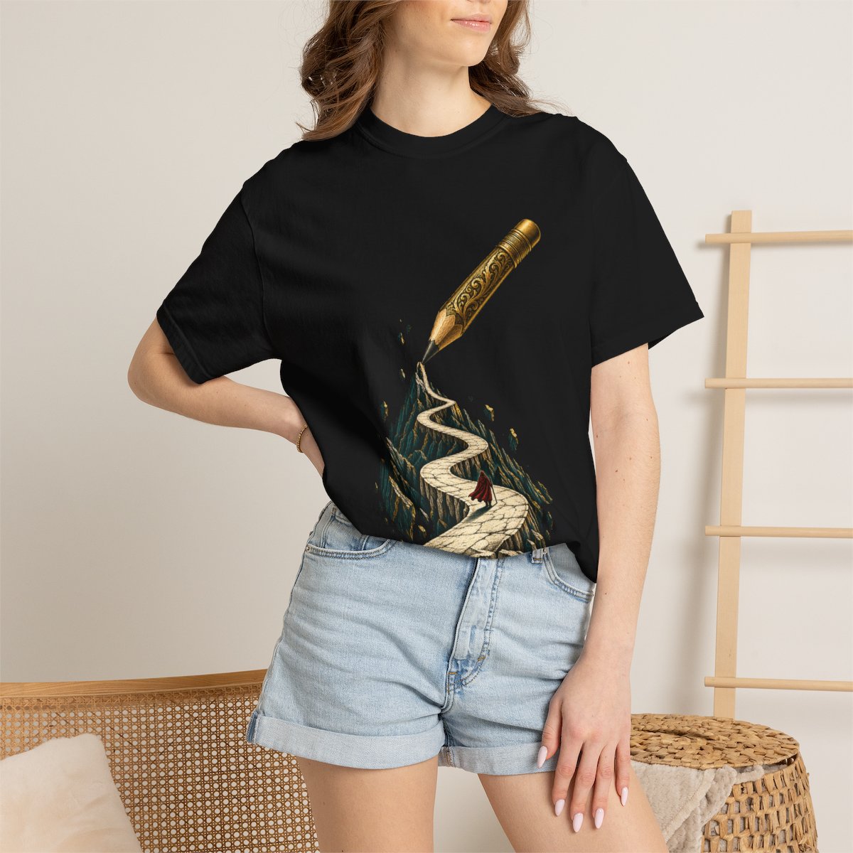Pencil Road Tee worn Printify context view on a Black Comfort Colors 1717 tee