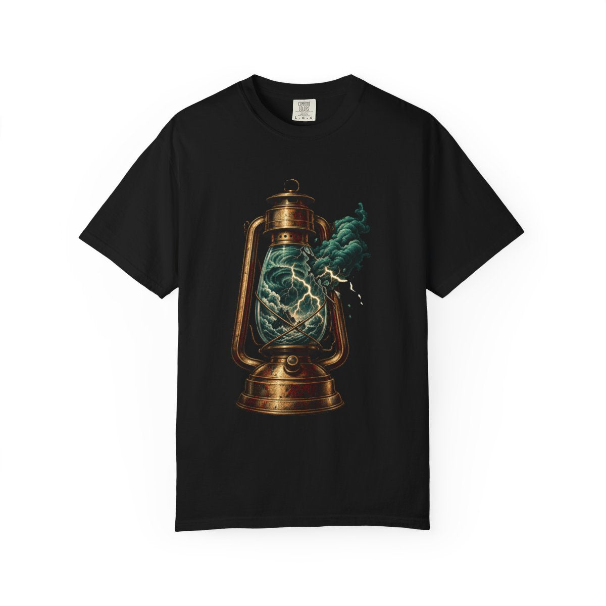 Storm Lantern Tee large front print on a Black Comfort Colors 1717 tee