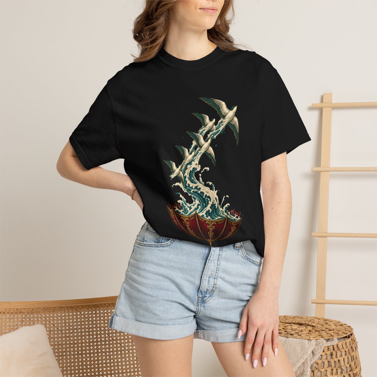 Rain in Reverse Tee worn Printify context view on a Black Comfort Colors 1717 tee