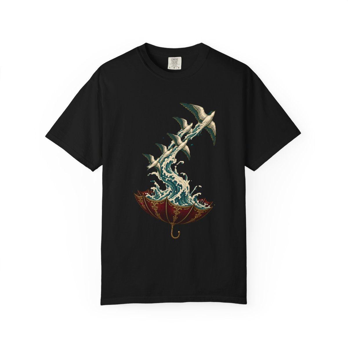 Rain in Reverse Tee large front print on a Black Comfort Colors 1717 tee