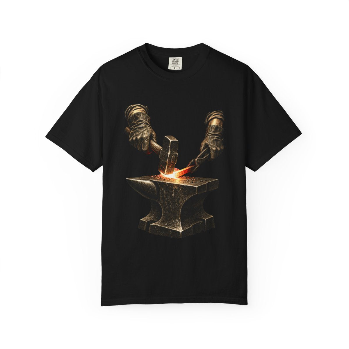 Strike the Anvil Tee large front print on a Black Comfort Colors 1717 tee
