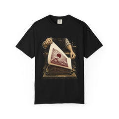 Fresh off the Press Tee large front print on a Black Comfort Colors 1717 tee