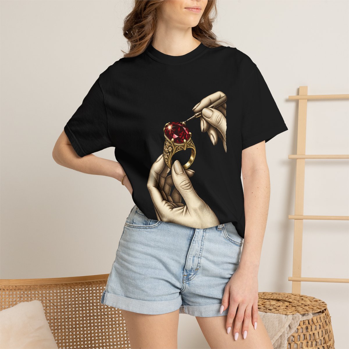 Garnet in Hand Tee worn Printify context view on a Black Comfort Colors 1717 tee