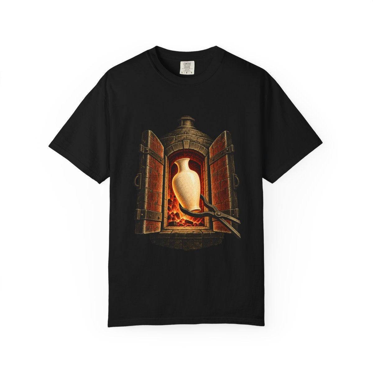 Kiln Door Tee large front print on a Black Comfort Colors 1717 tee