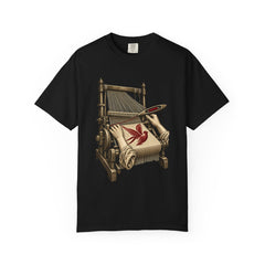 Red Loom Tee large front print on a Black Comfort Colors 1717 tee