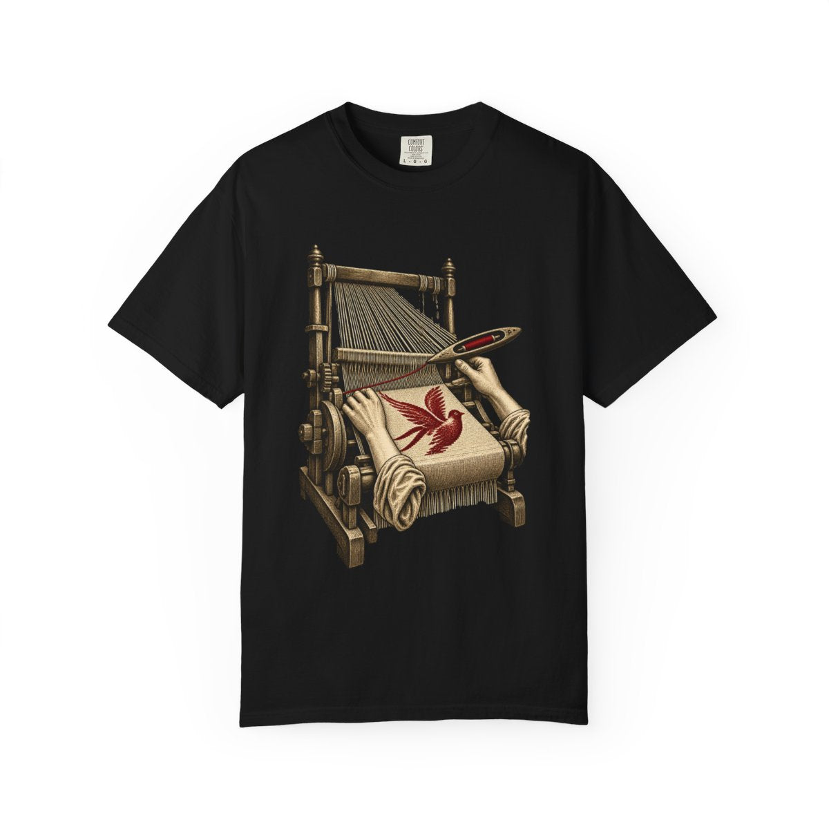 Red Loom Tee large front print on a Black Comfort Colors 1717 tee