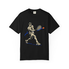 Crosscourt Strike Tee large front print on a Black Comfort Colors 1717 tee