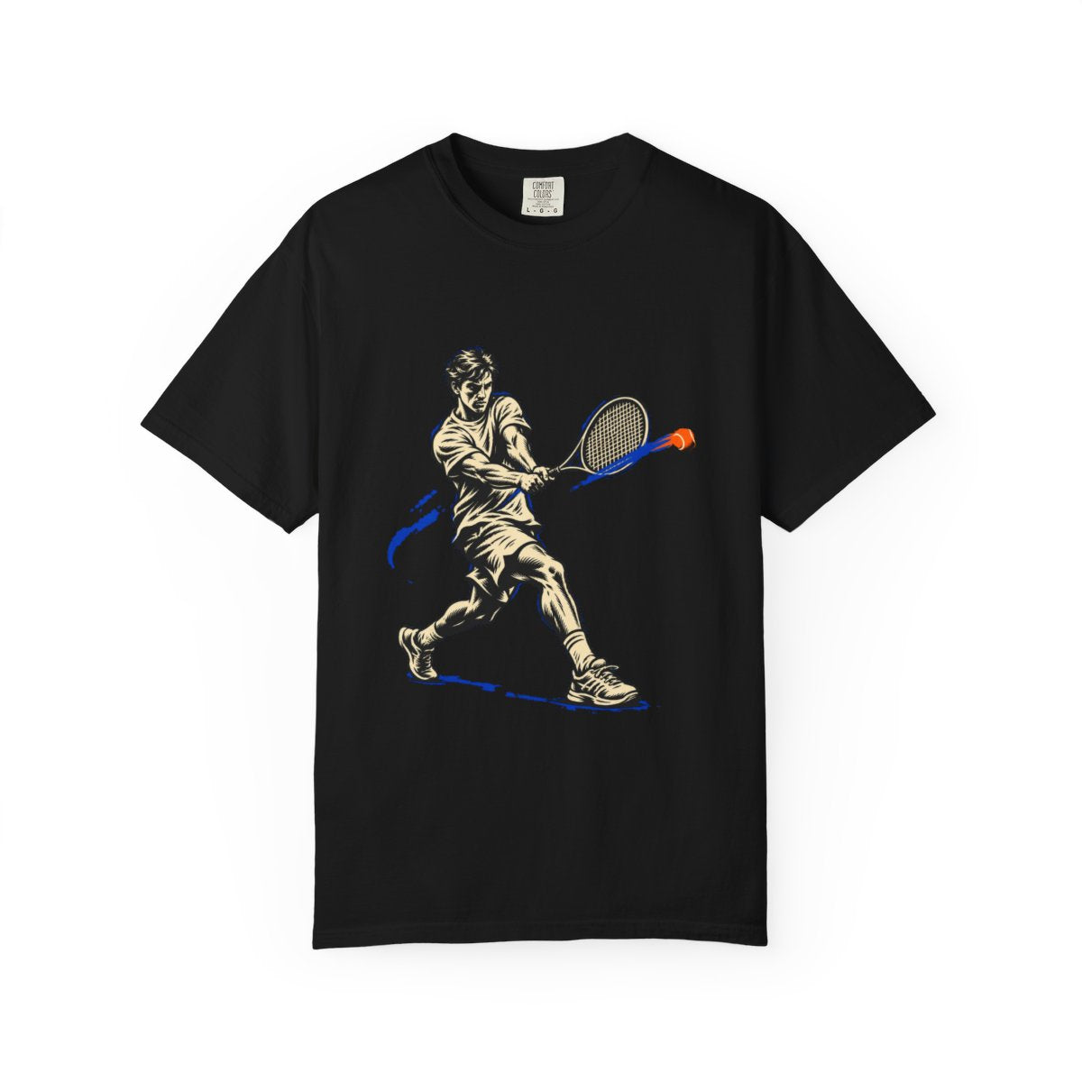 Crosscourt Strike Tee large front print on a Black Comfort Colors 1717 tee