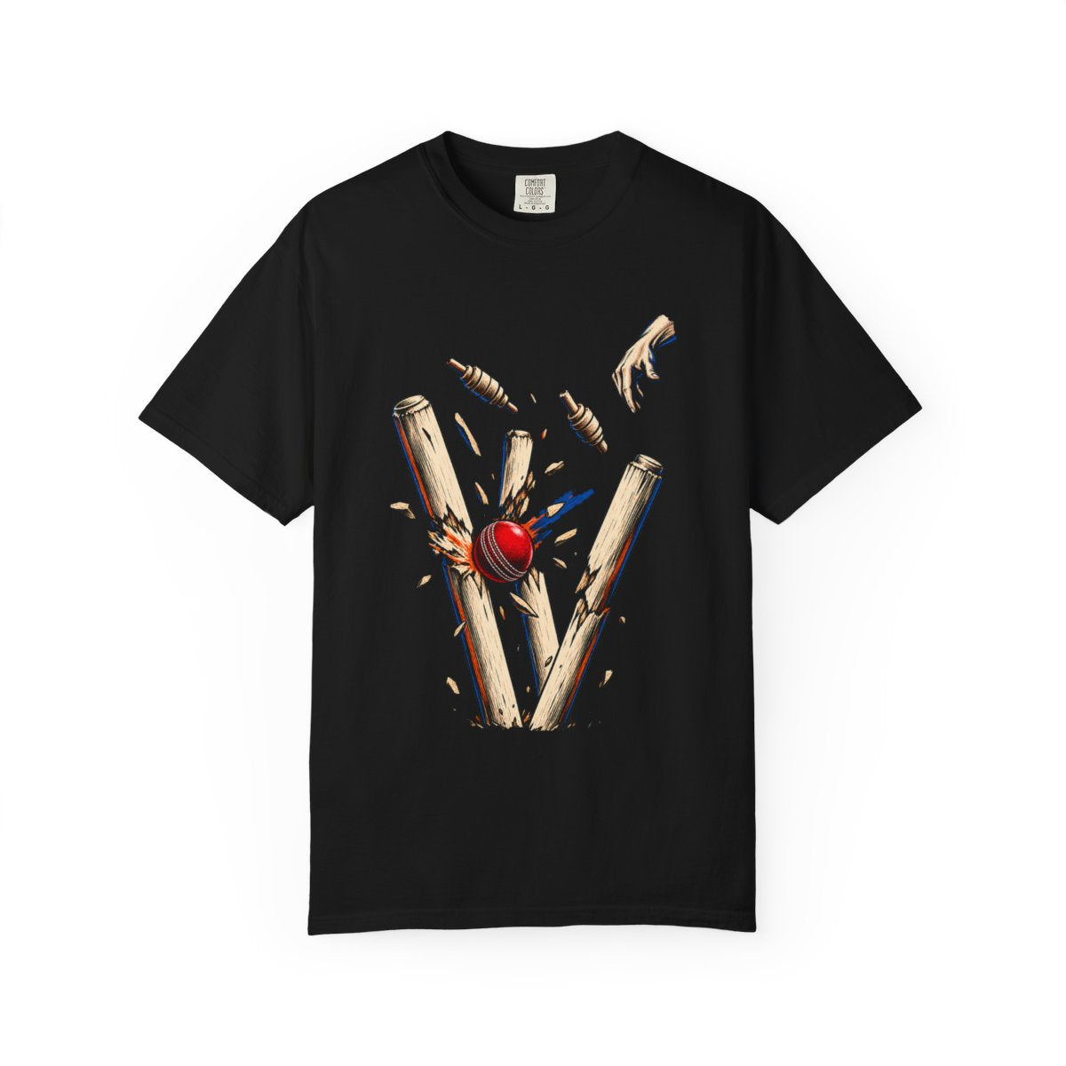 Last Wicket Tee large front print on a Black Comfort Colors 1717 tee