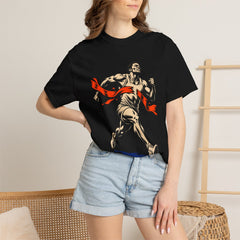 Tape Break Tee worn Printify context view on a Black Comfort Colors 1717 tee