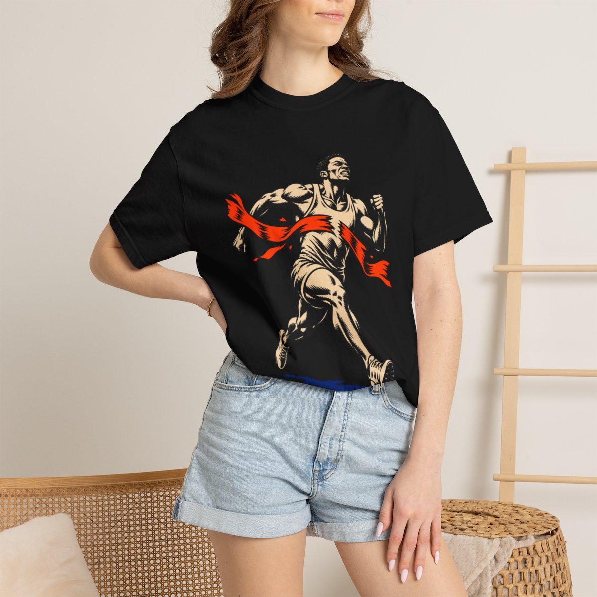 Tape Break Tee worn Printify context view on a Black Comfort Colors 1717 tee