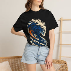 Wave Cut Tee worn Printify context view on a Black Comfort Colors 1717 tee