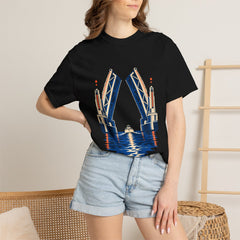 Bridge Lift Tee worn Printify context view on a Black Comfort Colors 1717 tee