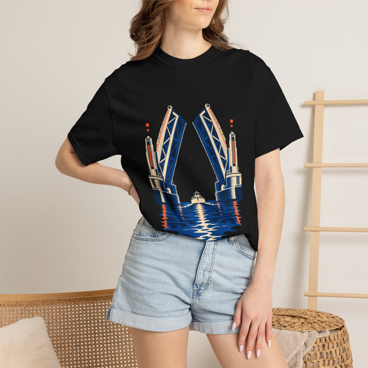 Bridge Lift Tee worn Printify context view on a Black Comfort Colors 1717 tee
