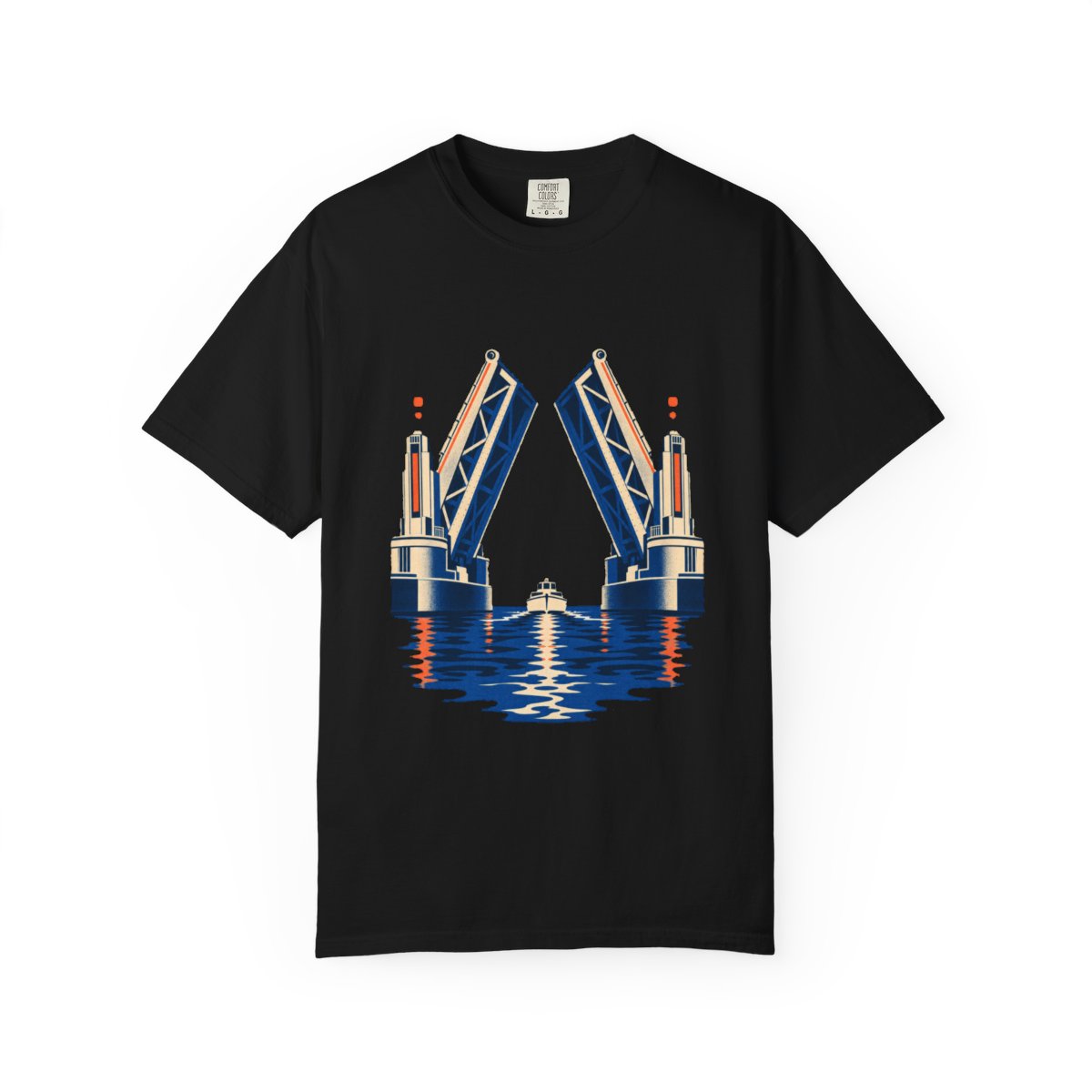 Bridge Lift Tee large front print on a Black Comfort Colors 1717 tee