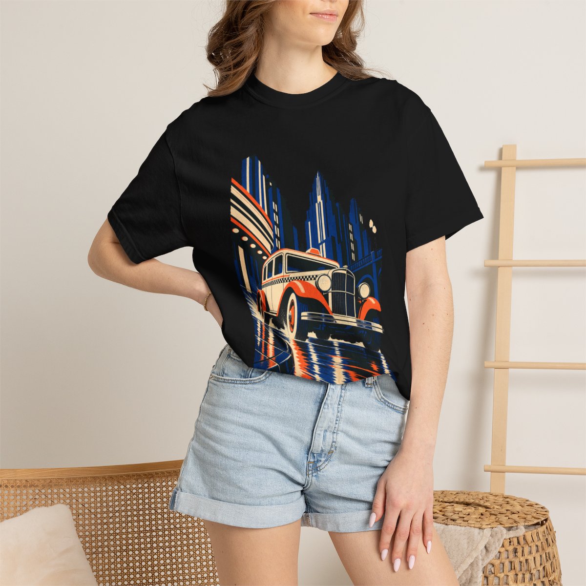 Corner Taxi Tee worn Printify context view on a Black Comfort Colors 1717 tee