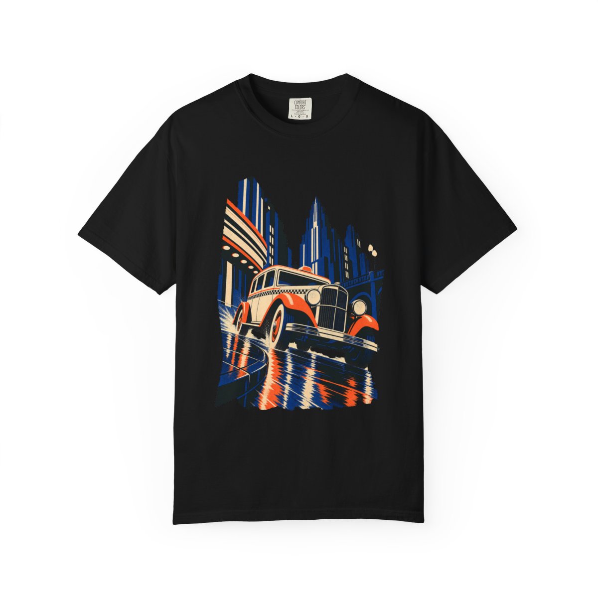Corner Taxi Tee large front print on a Black Comfort Colors 1717 tee