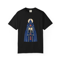 Elevator Rising Tee large front print on a Black Comfort Colors 1717 tee