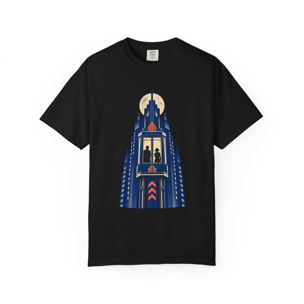 Elevator Rising Tee large front print on a Black Comfort Colors 1717 tee