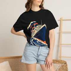Ocean Liner Tee worn Printify context view on a Black Comfort Colors 1717 tee