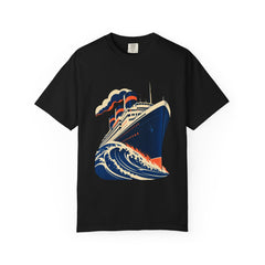 Ocean Liner Tee large front print on a Black Comfort Colors 1717 tee