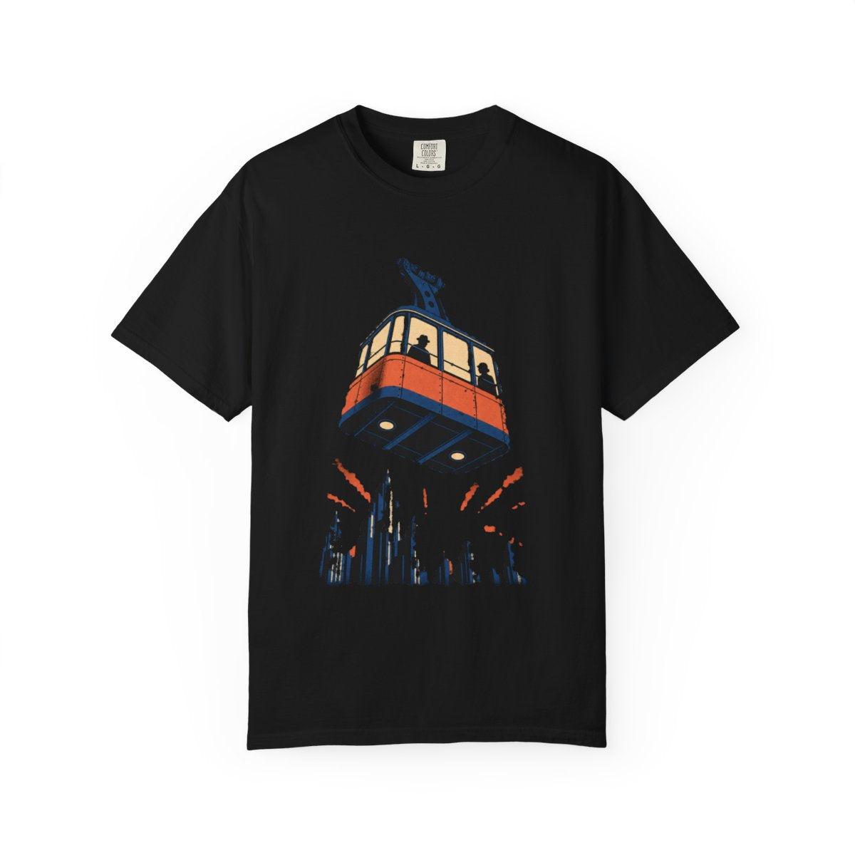 Sky Tram Tee large front print on a Black Comfort Colors 1717 tee