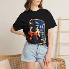 Window Seat Tee worn Printify context view on a Black Comfort Colors 1717 tee