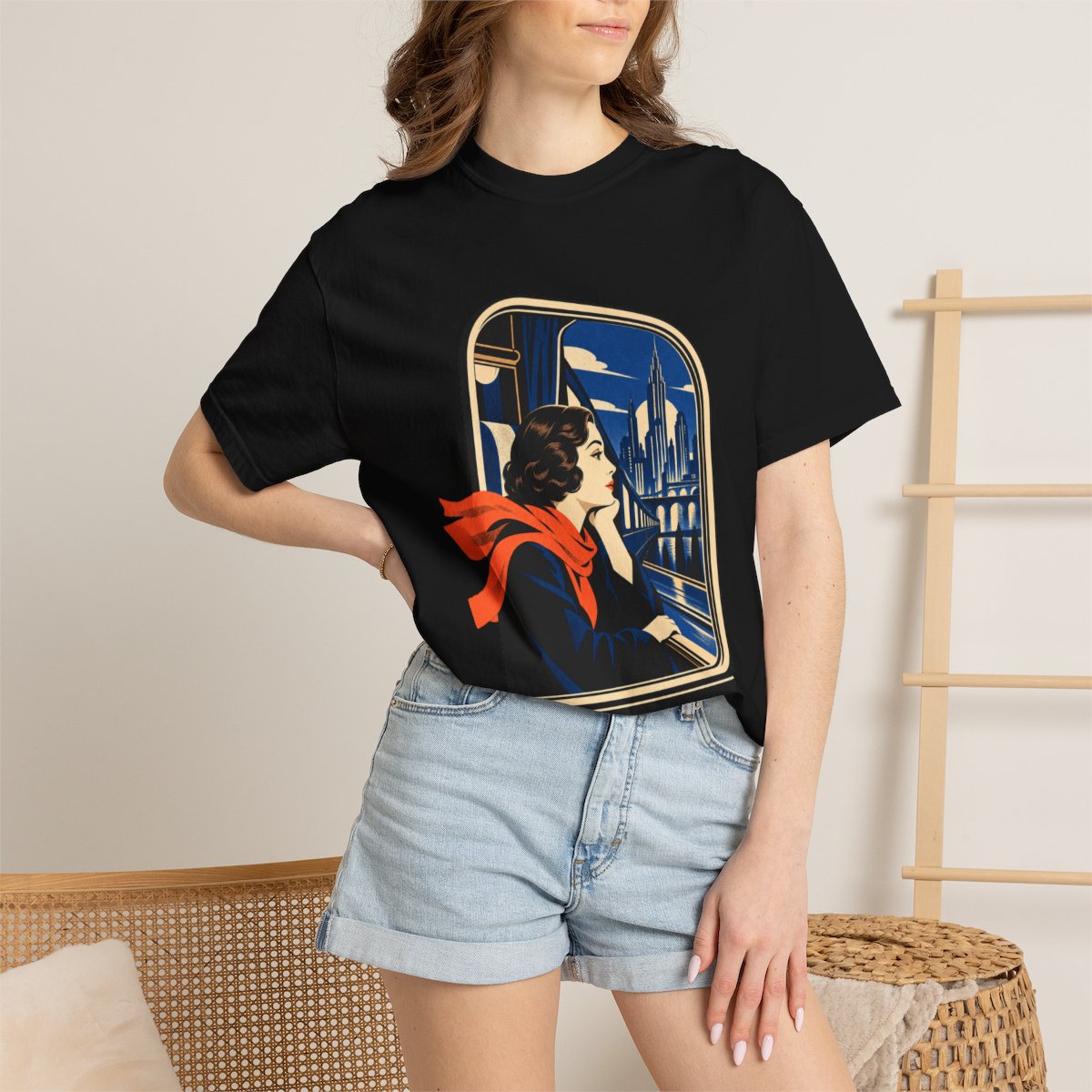 Window Seat Tee worn Printify context view on a Black Comfort Colors 1717 tee