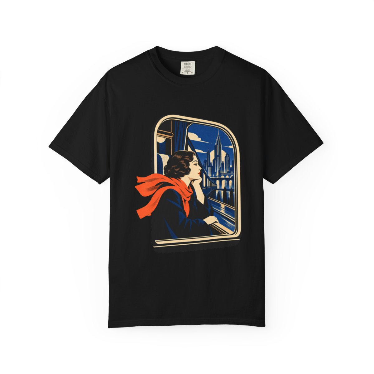 Window Seat Tee large front print on a Black Comfort Colors 1717 tee