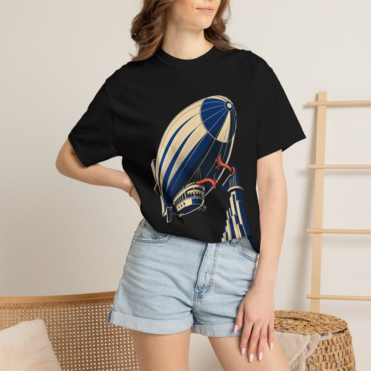 Zeppelin Launch Tee worn Printify context view on a Black Comfort Colors 1717 tee