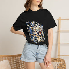 Porcelain Tiger Tee worn Printify context view on a Black Comfort Colors 1717 tee