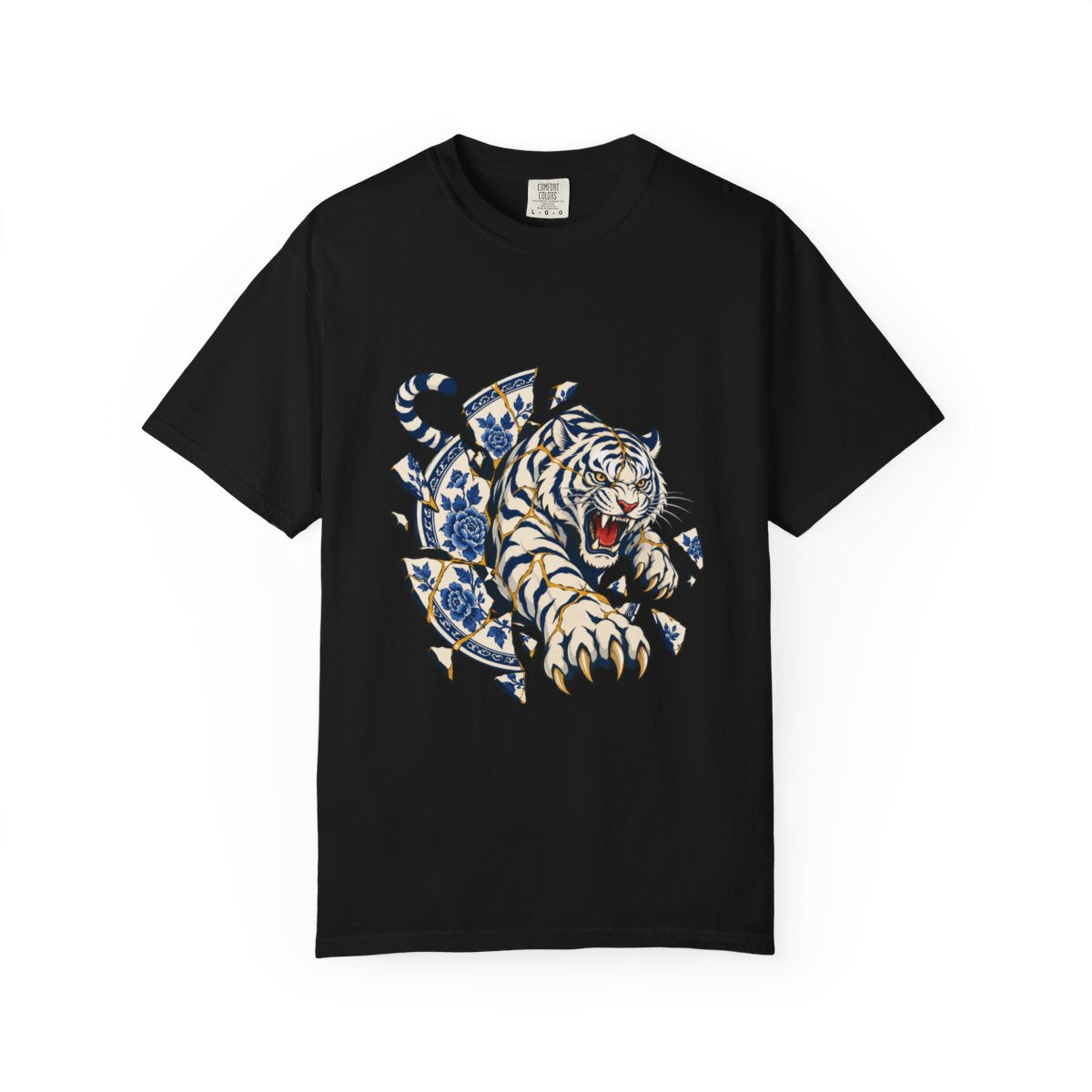Porcelain Tiger Tee large front print on a Black Comfort Colors 1717 tee