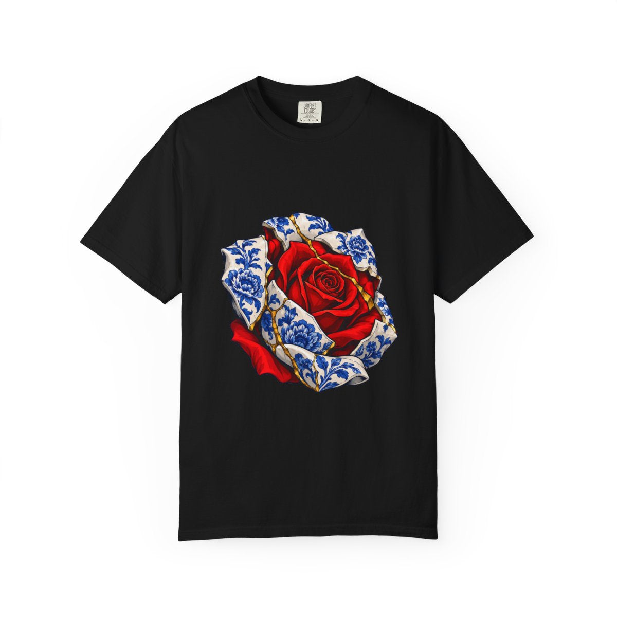 Rose in Pieces Tee large front print on a Black Comfort Colors 1717 tee