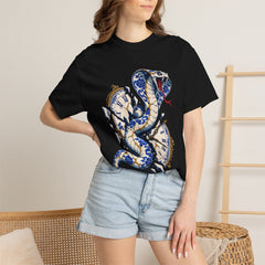 Serpent Clock Tee worn Printify context view on a Black Comfort Colors 1717 tee