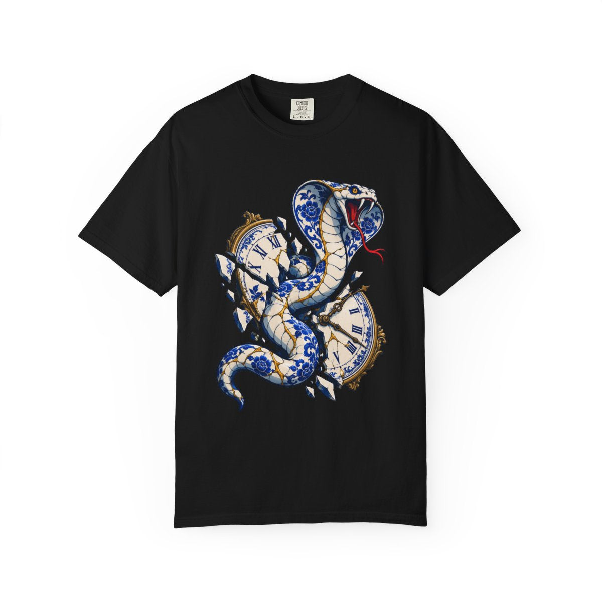Serpent Clock Tee large front print on a Black Comfort Colors 1717 tee