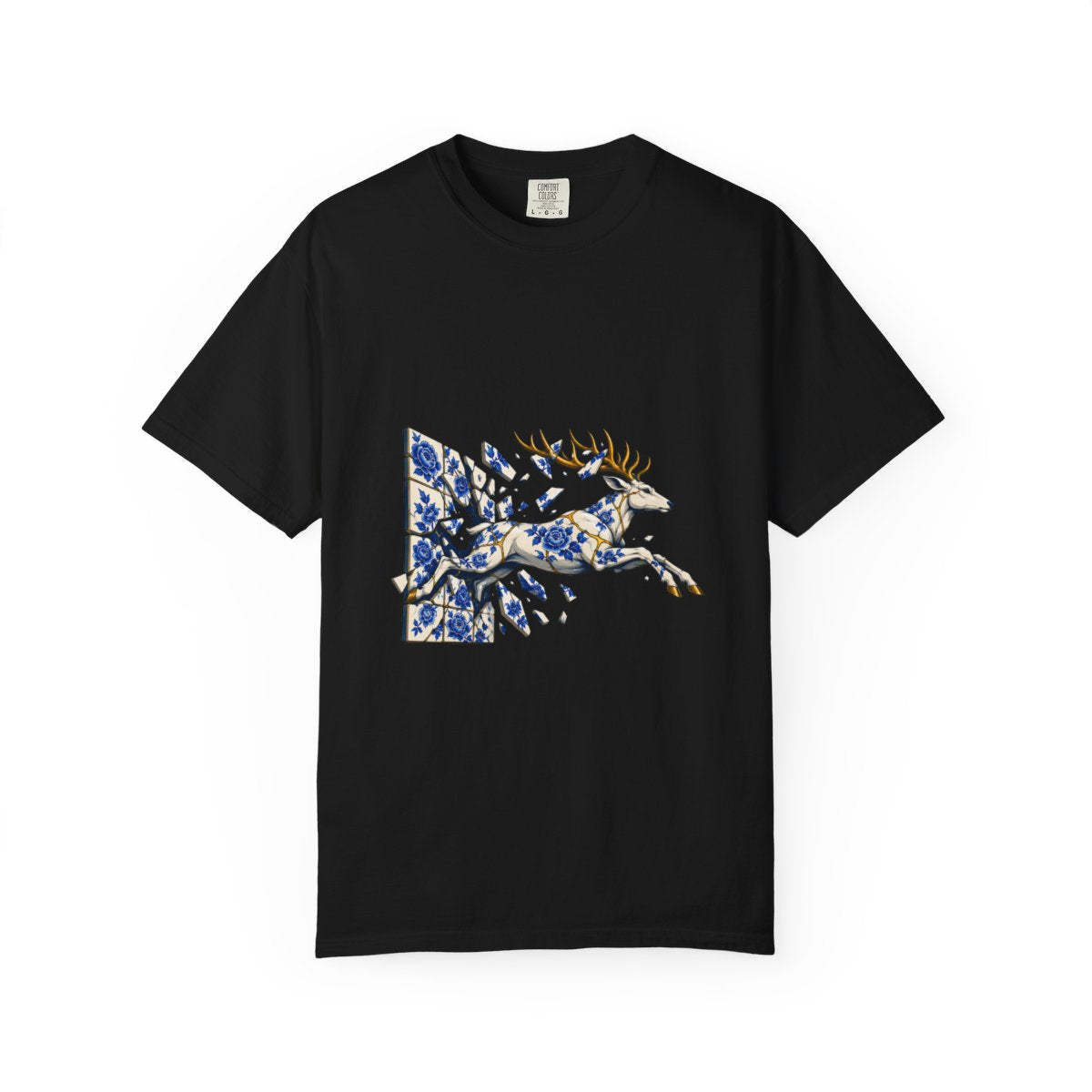 Stag Through Glass Tee large front print on a Black Comfort Colors 1717 tee