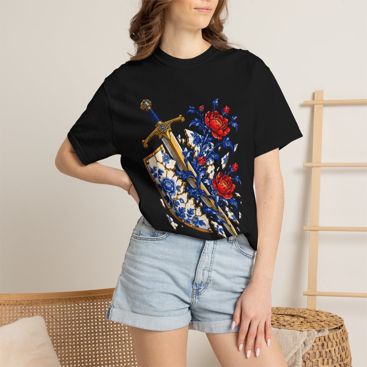 Sword in Bloom Tee worn Printify context view on a Black Comfort Colors 1717 tee