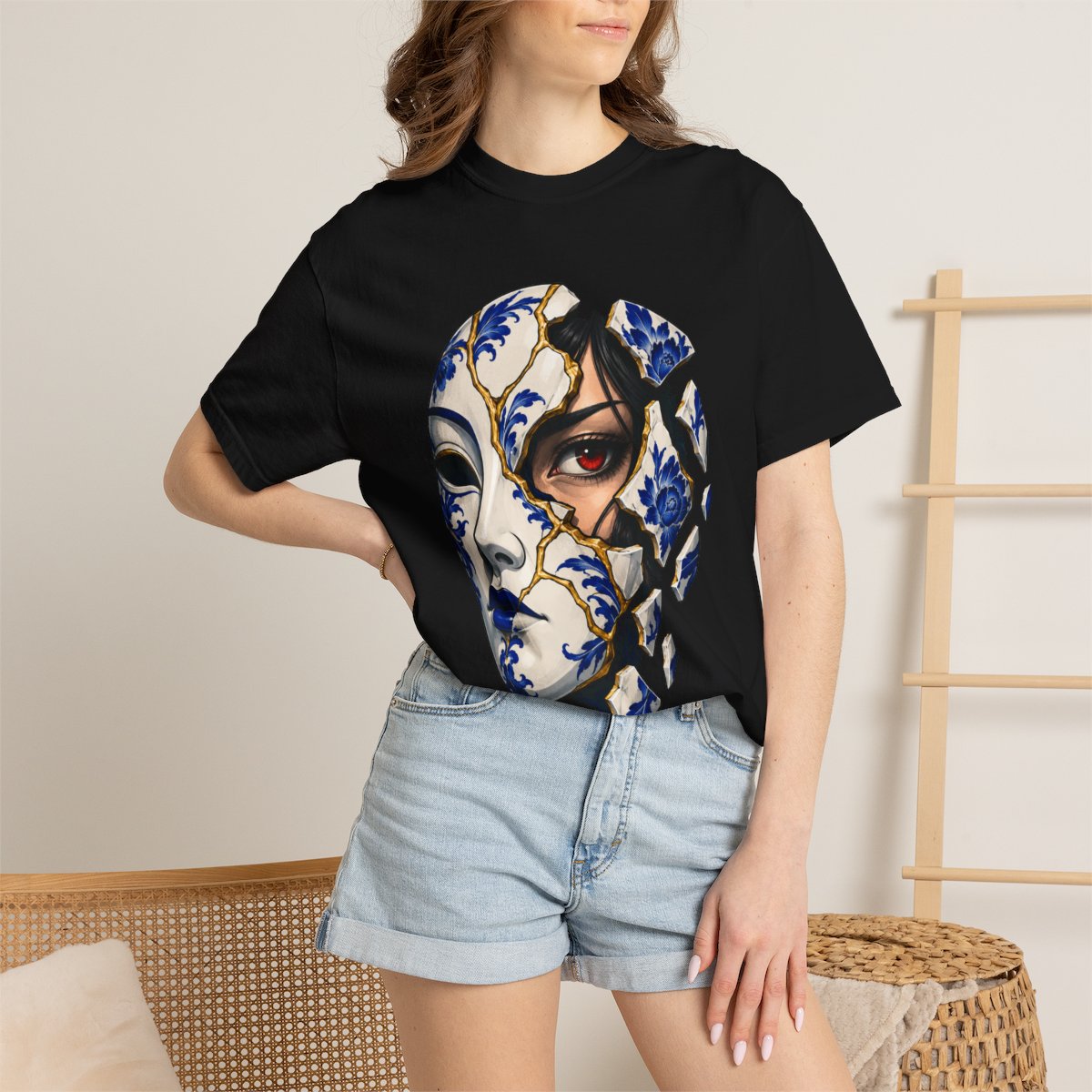The Living Mask Tee worn Printify context view on a Black Comfort Colors 1717 tee
