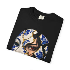 The Living Mask Tee folded front print detail