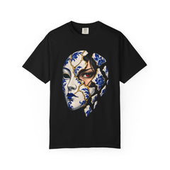 The Living Mask Tee large front print on a Black Comfort Colors 1717 tee