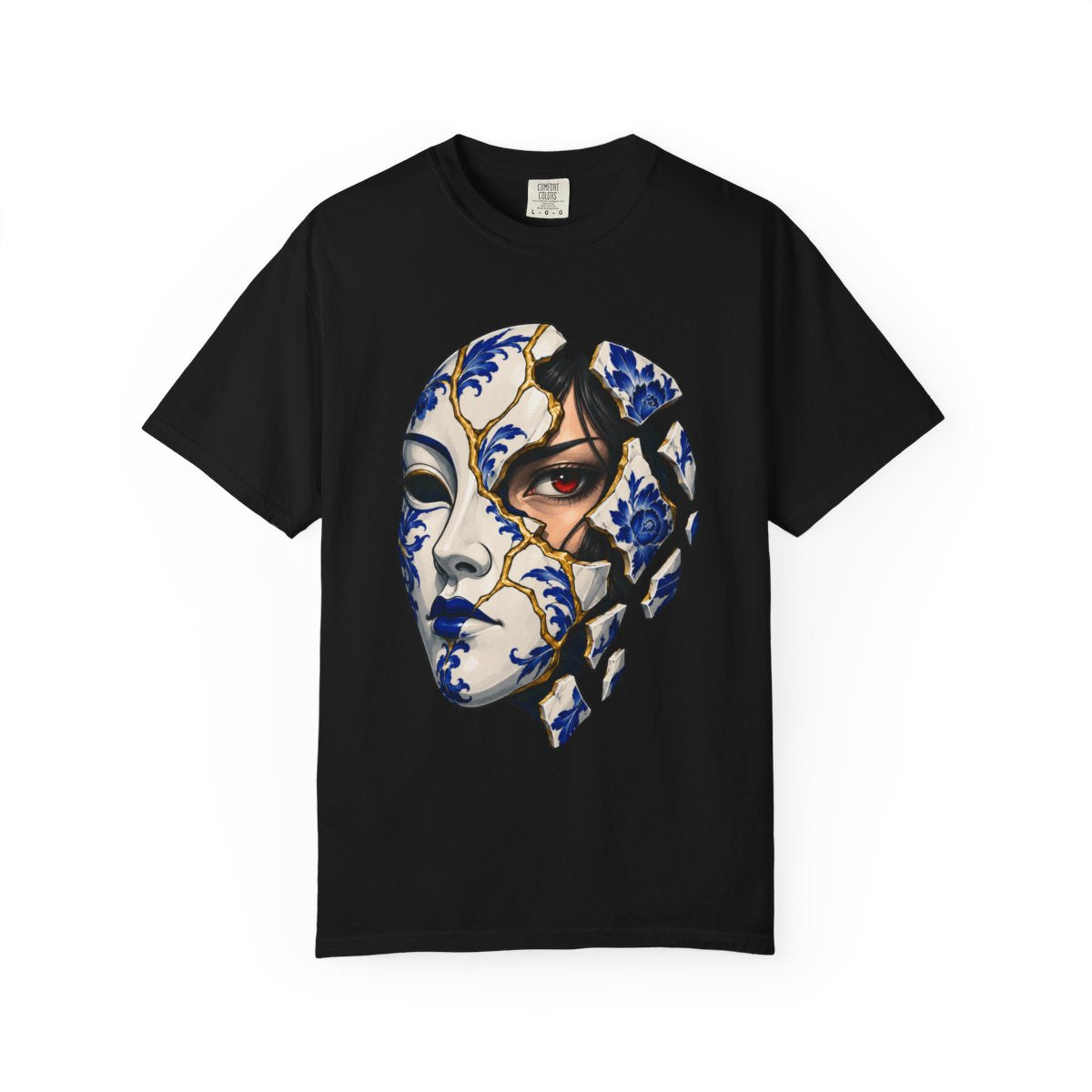 The Living Mask Tee large front print on a Black Comfort Colors 1717 tee