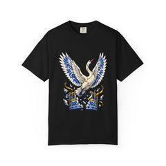 The Swan Escape Tee large front print on a Black Comfort Colors 1717 tee
