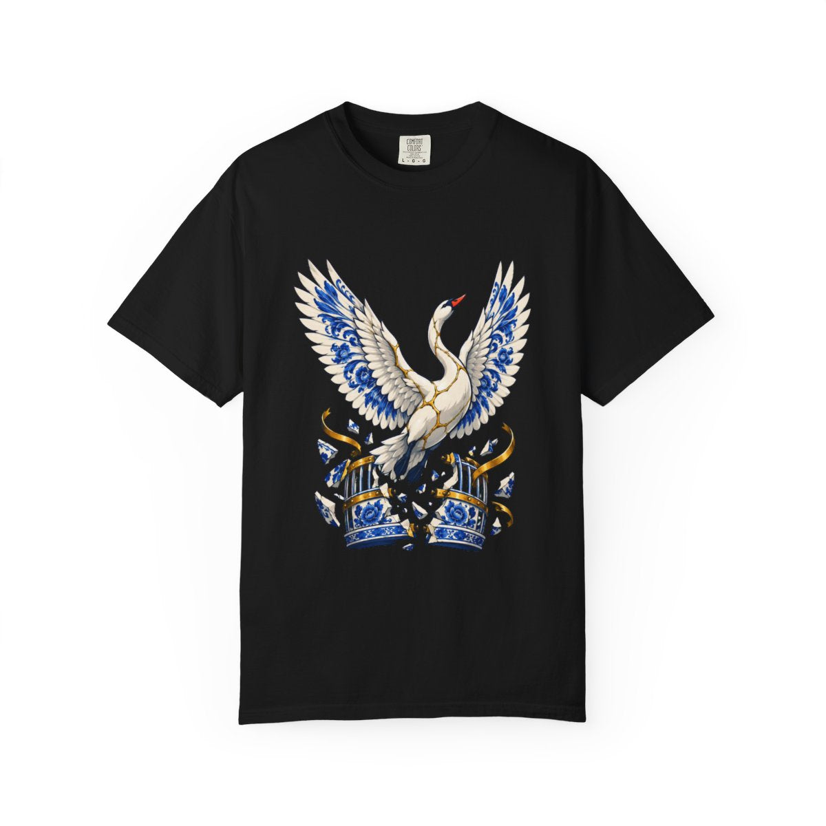 The Swan Escape Tee large front print on a Black Comfort Colors 1717 tee