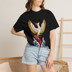 Vase Phoenix Tee worn Printify context view on a Black Comfort Colors 1717 tee