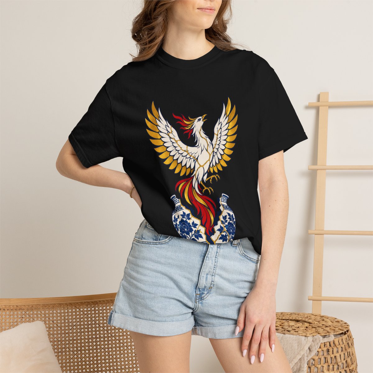 Vase Phoenix Tee worn Printify context view on a Black Comfort Colors 1717 tee