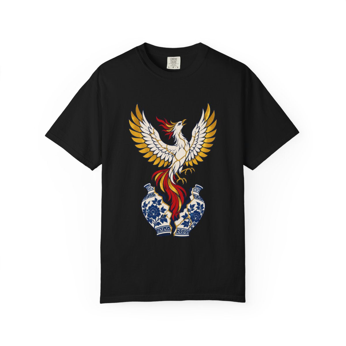 Vase Phoenix Tee large front print on a Black Comfort Colors 1717 tee