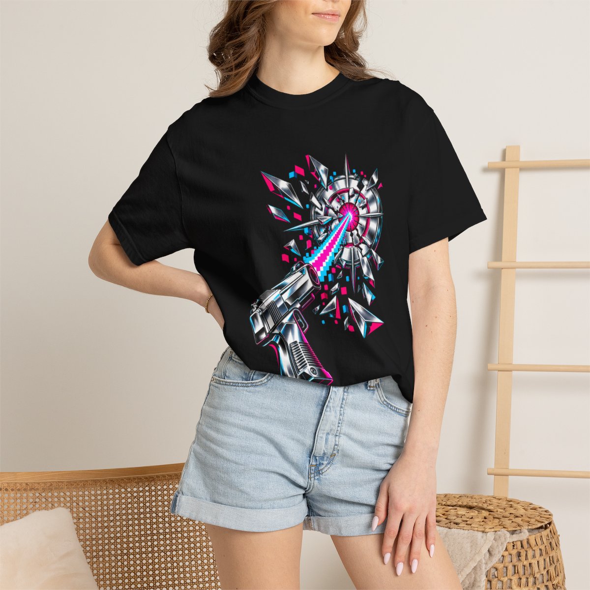 Laser Defender Tee worn Printify context view on a Black Comfort Colors 1717 tee