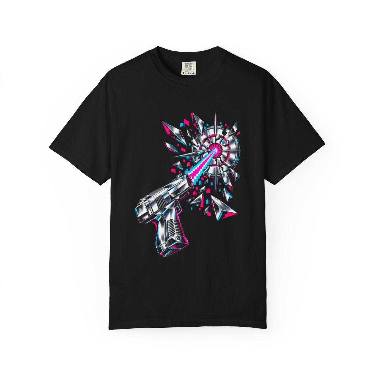 Laser Defender Tee large front print on a Black Comfort Colors 1717 tee